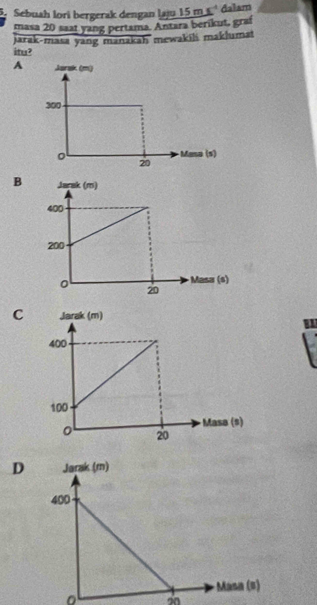 Sebuah lori bergerak dengan laju 15 m ²¹ dalam
masa 20 saat yang pertama. Antara berikut, graf
jarak-masa yang manakah mewakili maklumai
itu?
A
B
C
D