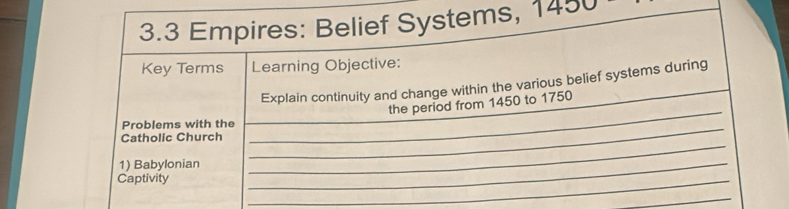 3.3 Empires: Belief Systems, 1450
Key Terms Learning Objective: 
_ 
Explain continuity and change within the various belief systems during 
the period from 1450 to 1750
Problems with the_ 
_ 
Catholic Church 
1) Babylonian_ 
Captivity 
_ 
_