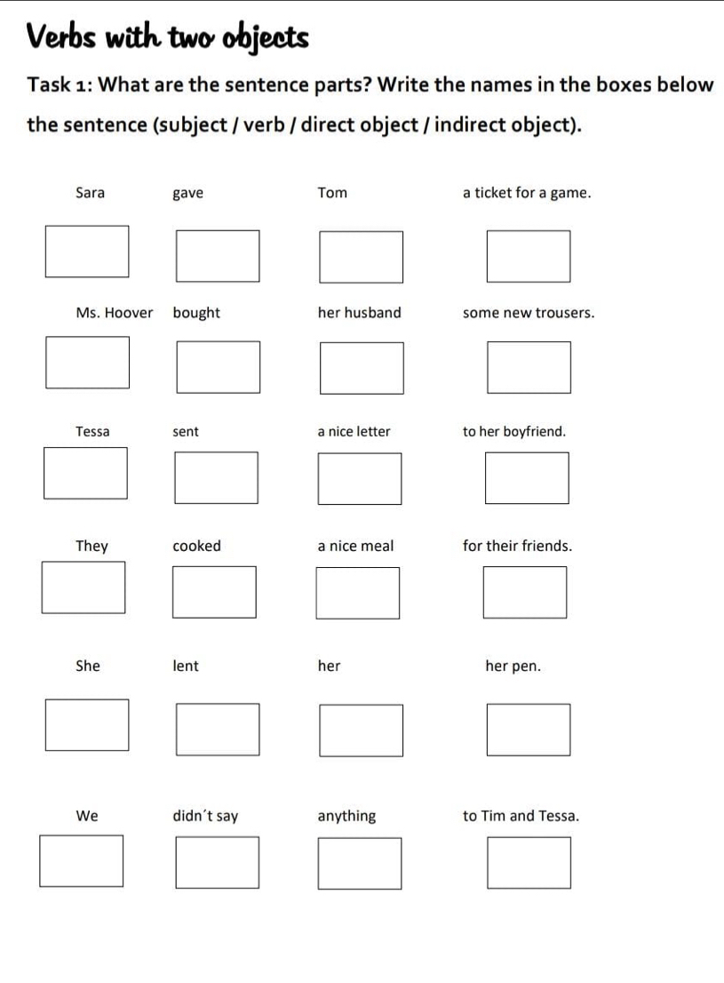 Verbs with two objects 
Task 1: What are the sentence parts? Write the names in the boxes below 
the sentence (subject / verb / direct object / indirect object).