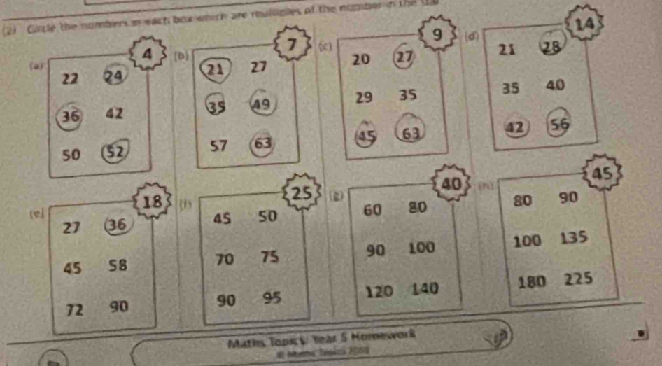 (2) Circle the nombers i each hich are mulliples of the number in the (0 
( 
(
45
40 [hì 
ω 
(8)
60 80 80 90
(e]
90 100
100 135
120 140
180 225
Maths Topi S: Year 5 Horneworß 
E Numa Tesizo 2010