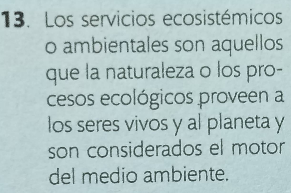 Los servicios ecosistémicos 
o ambientales son aquellos 
que la naturaleza o los pro- 
cesos ecológicos proveen a 
los seres vivos y al planeta y 
son considerados el motor 
del medio ambiente.