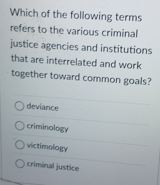 Which of the following terms
refers to the various criminal
justice agencies and institutions
that are interrelated and work
together toward common goals?
deviance
criminology
victimology
criminal justice