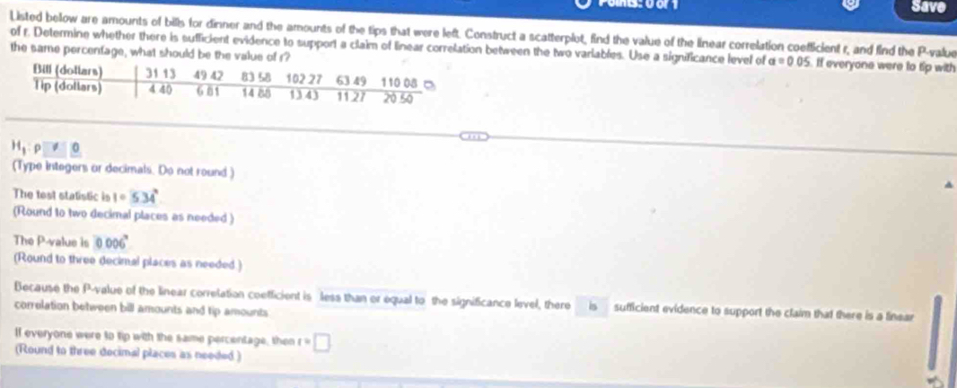 Save 
Listed below are amounts of bills for dinner and the amounts of the tips that were left. Construct a scatterplot, find the value of the linear correlation coefficient r, and find the P -value 
of r. Determine whether there is sufficient evidence to support a claim of linear correlation between the two variables. Use a significance level of a=0.05 If everyone were to tip with 
the same percentage, what should be the value of r
H_1:rho □°
(Type integers or decimals. Do not round ) 
The test statistic is 1°S34^
(Round to two decimal places as needed) 
The P -value is 0006°
(Round to three decimal places as needed.) 
Because the P -value of the linear correlation coefficient is less than or equal to the significance level, there is sufficient evidence to support the claim that there is a finear 
correlation between bill amounts and tip amounts 
If everyone were to tip with the same percentage, then t=□
(Round to three decimal places as needed )