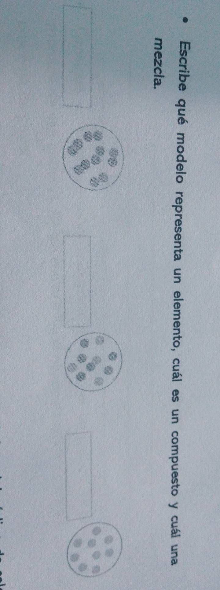 Escribe qué modelo representa un elemento, cuál es un compuesto y cuál una 
mezcla.