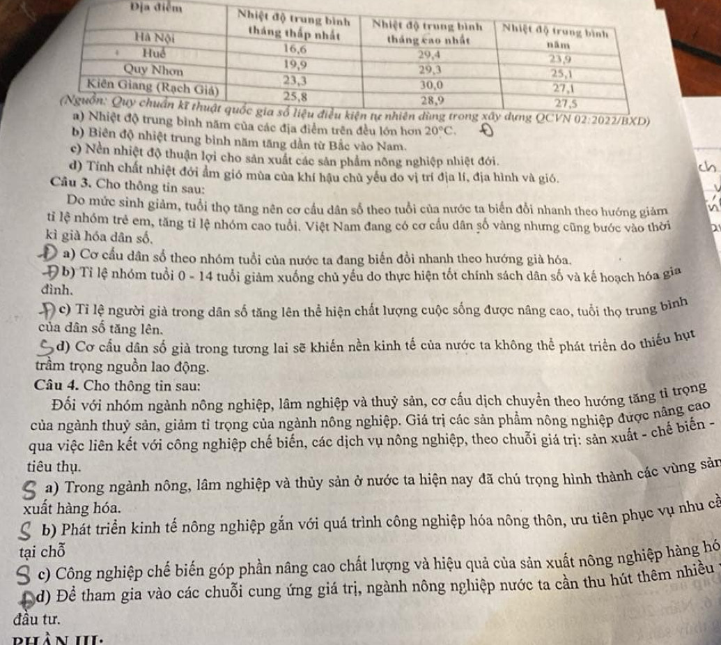 năm của các địa điểm trên đều lớn hơn 20°C.
b) Biên độ nhiệt trung bình năm tăng dần từ Bắc vào Nam.
c) Nền nhiệt độ thuận lợi cho sản xuất các sản phẩm nông nghiệp nhiệt đới.
ch
d) Tính chất nhiệt đới ẩm gió mùa của khí hậu chủ yếu do vị trí địa lí, địa hình và gió.
Câu 3. Cho thông tin sau:
 
Do mức sinh giảm, tuổi thọ tăng nên cơ cầu dân số theo tuổi của nước ta biến đổi nhanh theo hướng giảm n
tỉ lệ nhóm trẻ em, tăng tỉ lệ nhóm cao tuổi. Việt Nam đang có cơ cấu dân số vàng nhưng cũng bước vào thời a
kì già hóa dân số.
( a) Cơ cấu dân số theo nhóm tuổi của nước ta đang biến đồi nhanh theo hướng già hóa.
Đb) Tỉ lệ nhóm tuổi 0 - 14 tuổi giảm xuống chủ yếu do thực hiện tốt chính sách dân số và kế hoạch hóa gia
đình.
Đ  c) Tỉ lệ người giả trong dân số tăng lên thể hiện chất lượng cuộc sống được nâng cao, tuổi thọ trung bình
của dân số tăng lên.
Sd) Cơ cấu dân số già trong tương lai sẽ khiến nền kinh tế của nước ta không thể phát triển do thiếu hụt
trầm trọng nguồn lao động.
Câu 4. Cho thông tin sau:
Đối với nhóm ngành nông nghiệp, lâm nghiệp và thuỷ sản, cơ cấu dịch chuyển theo hướng tăng tỉ trọng
của ngành thuỷ sản, giảm tỉ trọng của ngành nông nghiệp. Giá trị các sản phầm nông nghiệp được nâng cao
qua việc liên kết với công nghiệp chế biến, các dịch vụ nông nghiệp, theo chuỗi giá trị: sản xuất - chế biến -
tiêu thụ.
a) Trong ngành nông, lâm nghiệp và thủy sản ở nước ta hiện nay đã chú trọng hình thành các vùng sản
xuất hàng hóa.
b) Phát triển kinh tế nông nghiệp gắn với quá trình công nghiệp hóa nông thôn, ưu tiên phục vụ nhu cả
tại chỗ
c) Công nghiệp chế biến góp phần nâng cao chất lượng và hiệu quả của sản xuất nông nghiệp hàng hó
C d) Để tham gia vào các chuỗi cung ứng giá trị, ngành nông nghiệp nước ta cần thu hút thêm nhiều
đầu tư.
phàn III.