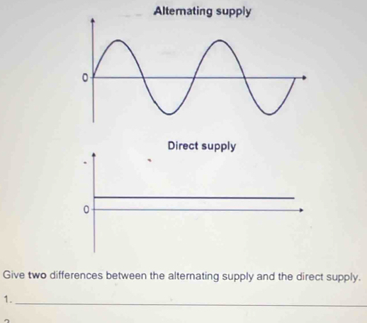 Altemating supply 
Give two differences between the alternating supply and the direct supply. 
1._