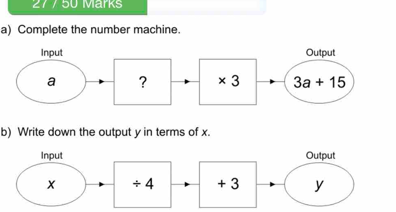 27 / 50 Marks
a) Complete the number machine.
b) Write down the output y in terms of x.