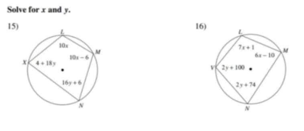 Solve for x and y.
15) 16)