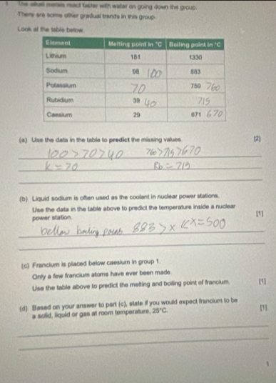 the wel meres react faster with water on going down the group 
There are some ofher gradual trands in this group 
Look ot the tabla below 
(a) Use the data in the table to predict the missing values. 2 
_ 
_ 
_ 
(b) Liquid sodium is often used as the coolant in nuclear power stations. 
Use the data in the table above to predict the temperature inside a nuclear 
power station. [1] 
_ 
_ 
(c) Francium is placed below caesium in group 1. 
Only a few francium atoms have ever been made 
Use the table above to predict the melting and boilling point of francium. [1] 
(d) Blased on your answer to part (c), state if you would expect francium to be 
a solid, liquid or gas at roor temperature. 25°C. 
[1] 
_ 
_