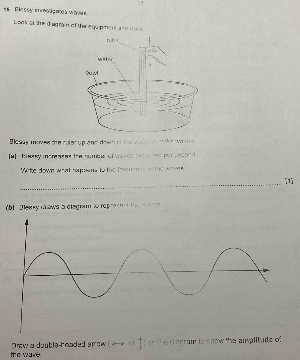 17 
15 Blessy investigates waves. 
Look at the diagram of the equipment she uses. 
Blessy moves the ruler up and down in the water to make waves. 
(a) Blessy increases the number of waves produced per second. 
Write down what happens to the frequency of the waves. 
_[1] 
(b) Blessy draws a diagram to represent the waves. 
Draw a double-headed arrow ( or beginarrayr uparrow  downarrow endarray ) on the diagram to show the amplitude of 
the wave.