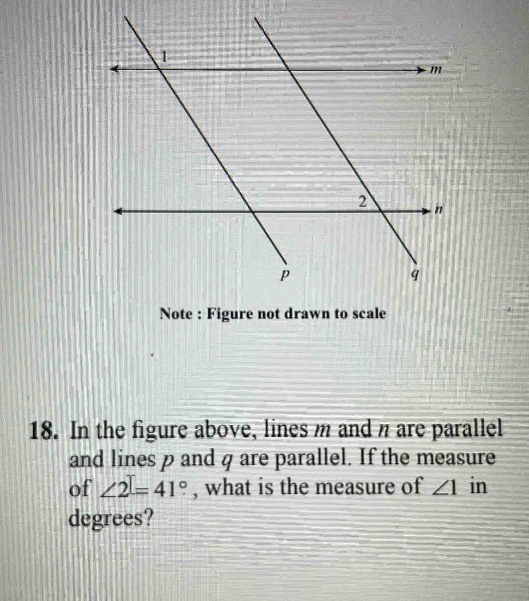 Note : Figure not drawn to scale 
18. In the figure above, lines m and n are parallel 
and lines p and q are parallel. If the measure 
of ∠ 2=41° , what is the measure of ∠ 1 in 
degrees?