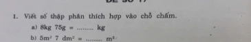 Viết số thập phân thích hợp vào chỗ chấm. 
a) 8kg75g= v° _ kg
b) 5m^27dm^2= _  m^2