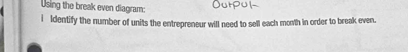 Using the break even diagram: 
i Identify the number of units the entrepreneur will need to sell each month in order to break even