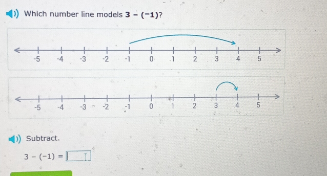 Which number line models 3-(-1) ?
Subtract.
3-(-1)=□