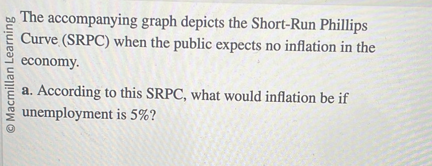 The accompanying graph depicts the Short-Run Phillips 
Curve (SRPC) when the public expects no inflation in the 
economy. 
a. According to this SRPC, what would inflation be if 
unemployment is 5%?