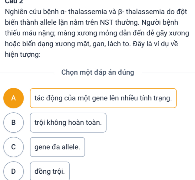 Cau 2
Nghiên cứu bệnh α - thalassemia và β - thalassemia do đột
biến thành allele lặn nằm trên NST thường. Người bệnh
thiếu máu nặng; màng xương mỏng dẫn đến dễ gãy xương
hoặc biến dạng xương mặt, gan, lách to. Đây là ví dụ về
hiện tượng:
Chọn một đáp án đúng
A tác động của một gene lên nhiều tính trạng.
B trội không hoàn toàn.
C gene đa allele.
D đồng trội.