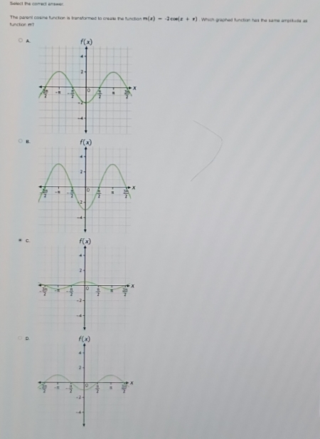 Select the comect answer.
function m? The parent cosine function is transformed to creake the function m(x)=-2cos (x+x). Which grapted function has the same ampitude as
A.
B.
C.
D.