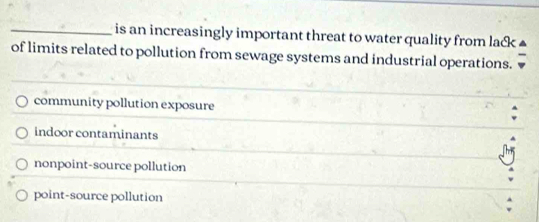 is an increasingly important threat to water quality from lack
of limits related to pollution from sewage systems and industrial operations.
community pollution exposure
indoor contaminants
nonpoint-source pollution
point-source pollution