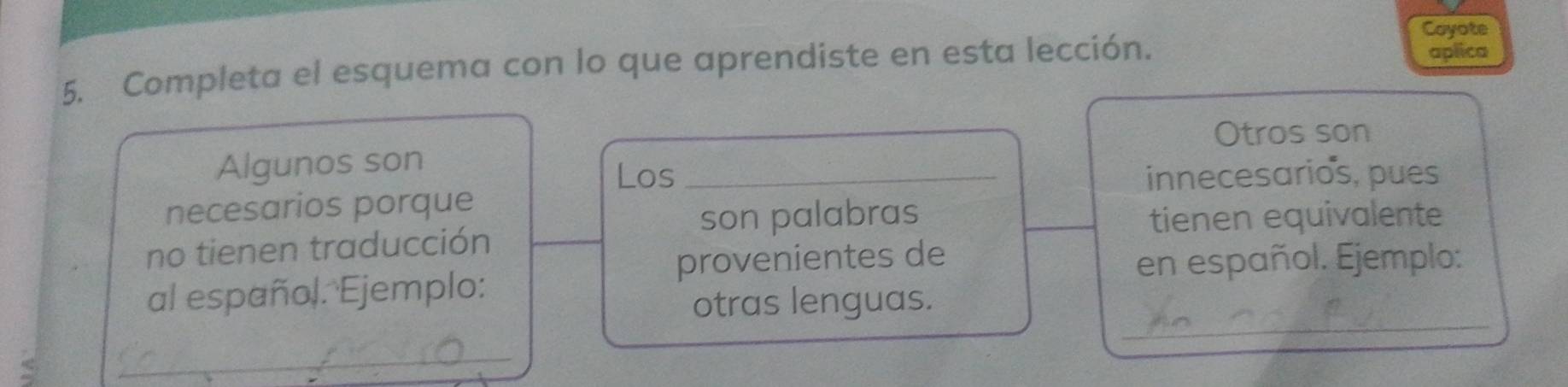 Coyote 
5. Completa el esquema con lo que aprendiste en esta lección. 
aplica 
Otros son 
Algunos son 
Los _innecesarios, pues 
necesarios porque 
son palabras _tienen equivalente 
no tienen traducción 
provenientes de 
_ 
al español. Ejemplo: en español. Ejemplo: 
otras lenguas. 
_