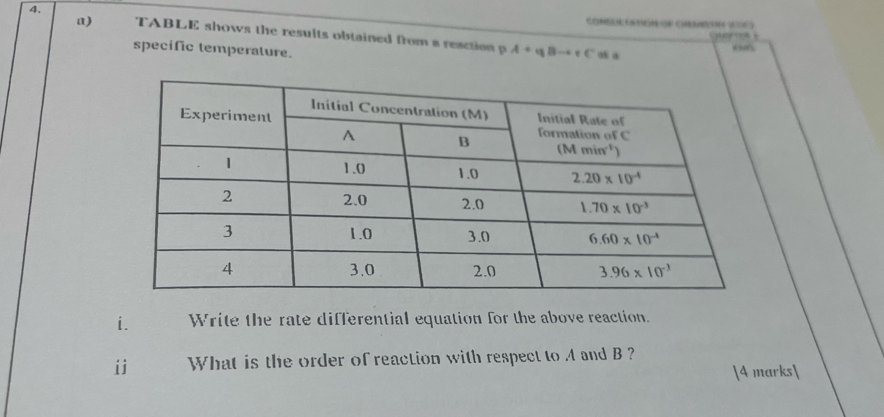 Comn  on on Cam  oc 
4. TABLE shows the results obtained from a reaction p
    
specific temperature.
A+qBto +C o c
“6
i. Write the rate differential equation for the above reaction.
i What is the order of reaction with respect to A and B ?
4 marks