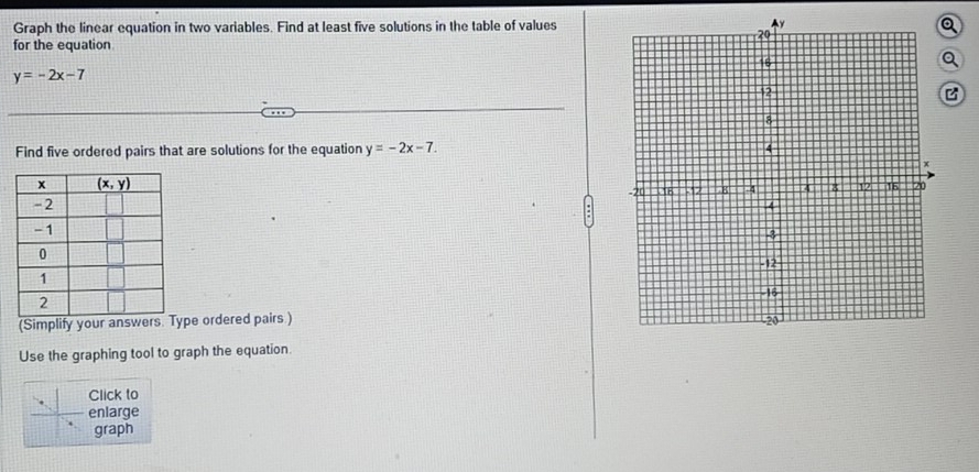 Graph the linear equation in two variables. Find at least five solutions in the table of values
for the equation
a
y=-2x-7
Find five ordered pairs that are solutions for the equation y=-2x-7.

ype ordered pairs ) 
Use the graphing tool to graph the equation.
Click to
enlarge
graph