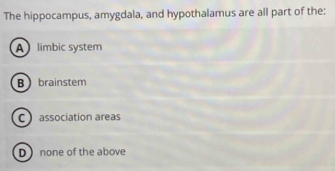 The hippocampus, amygdala, and hypothalamus are all part of the:
A limbic system
B brainstem
C association areas
D none of the above