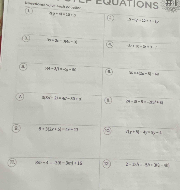 PEQUATIONS
Directions: Solve each equation.