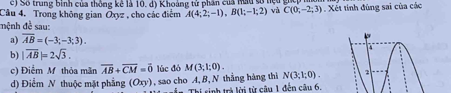 c) Số trung binh của thông kê là 10. d) Khoảng tử phần của mẫu số nệu giệp hữ
Câu 4. Trong không gian Ōxyz , cho các điểm A(4;2;-1), B(1;-1;2) và C(0;-2;3) Xét tính đúng sai của các
mệnh dhat e sau:
a) overline AB=(-3;-3;3). 
b) |overline AB|=2sqrt(3). 4
c) Điểm M thỏa mãn overline AB+overline CM=overline 0 lúc đó M(3;1;0). 
d) Điểm N thuộc mặt phẳng (Oxy) , sao cho A, B, N thẳng hàng thì N(3;1;0). 2
1 Thí sinh trả lời từ câu 1 đến câu 6.