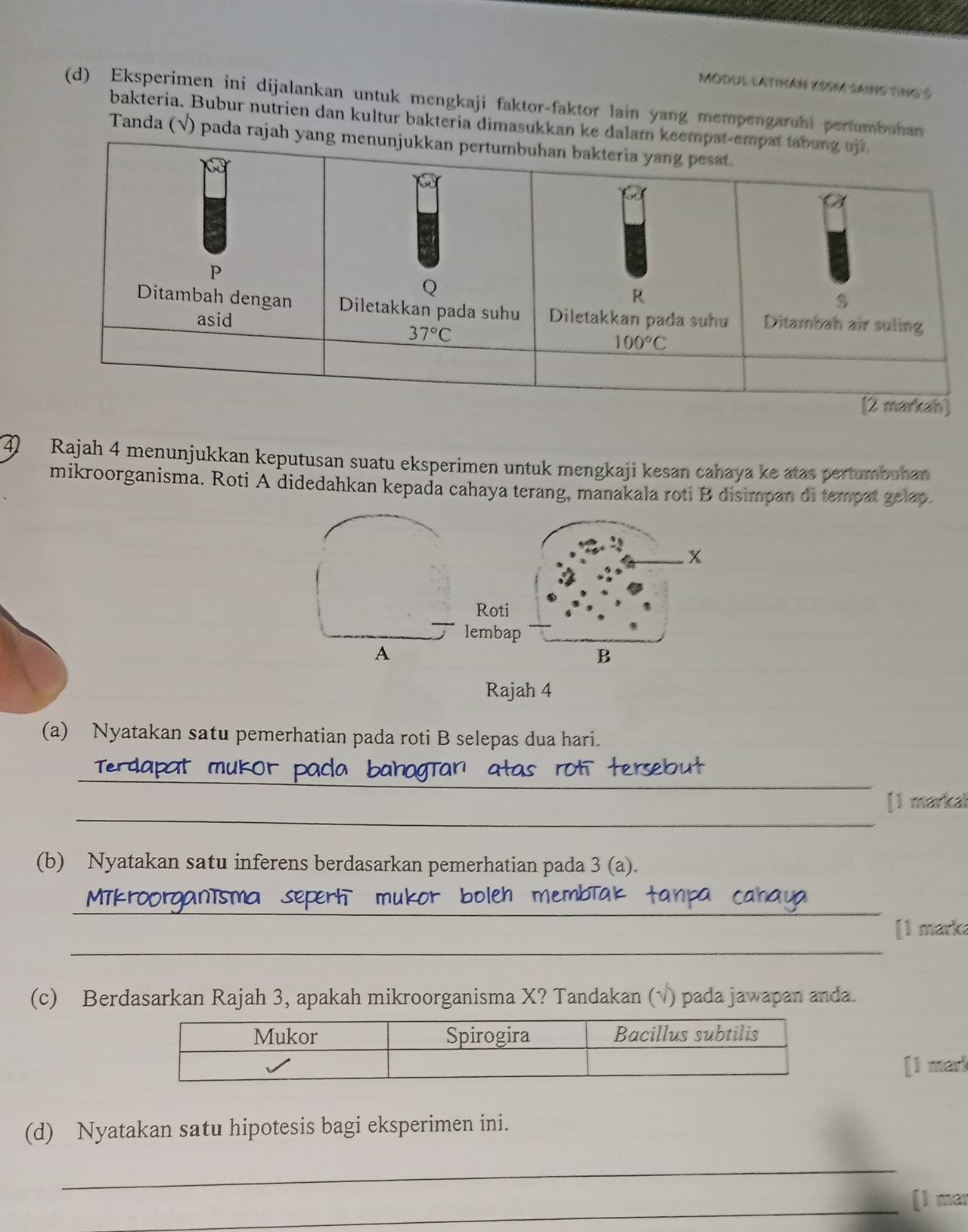 MODUL latiHáN ESSAt Sains tiNg $
(d) Eksperimen ini dijalankan untuk mengkaji faktor-faktor lain yang mempengaruni pertumbuhan
bakteria. Bubur nutrien dan kultur bakteria dimasukkan ke d
Tanda (√) pada raja
④ Rajah 4 menunjukkan keputusan suatu eksperimen untuk mengkaji kesan cahaya ke atas pertumbuhan
mikroorganisma. Roti A didedahkan kepada cahaya terang, manakala roti B disimpan di tempat gelap.
Roti
lemba
A
Rajah 4
(a) Nyatakan satu pemerhatian pada roti B selepas dua hari.
_
as 
tersebut
_
[1 markal
(b) Nyatakan satu inferens berdasarkan pemerhatian pada 3 (a).
_
_
[I marka
(c) Berdasarkan Rajah 3, apakah mikroorganisma X? Tandakan (√) pada jawapan anda.
[I marl
(d) Nyatakan satu hipotesis bagi eksperimen ini.
_
_
[1 mar