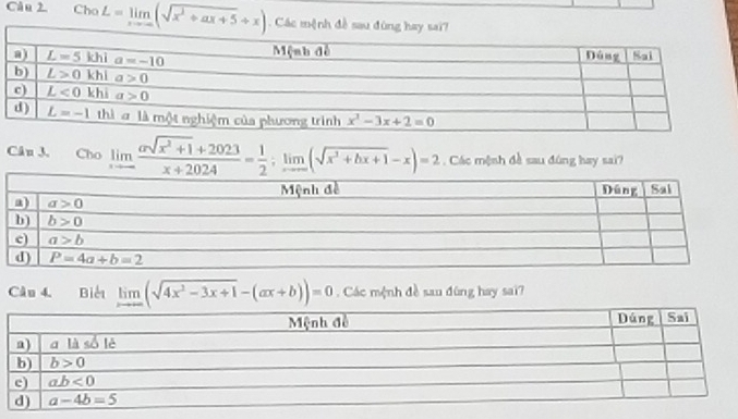 Cho L=limlimits _xto ∈fty (sqrt(x^2+ax+5)+x) Các mệnh đề sau đùng
Câu 3. Cho limlimits _xto ∈fty  (asqrt(x^2+1)+2023)/x+2024 = 1/2 ;limlimits _xto ∈fty (sqrt(x^2+bx+1)-x)=2. Các mệnh đề sau đùng hay sai?
Câu 4. Biểi limlimits _xto ∈fty (sqrt(4x^2-3x+1)-(ax+b))=0 Các mệnh đề sau đùng hay sai?