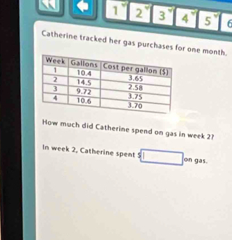 、 123456 
Catherine tracked her gas purchases for one month. 
How much did Catherine spend on gas in week 2? 
In week 2, Catherine spent S $□ 1 1 gas.