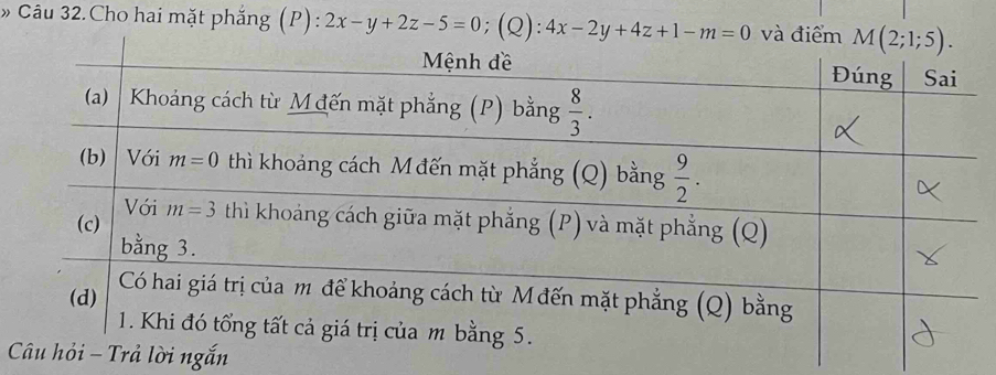 » Câu 32.Cho hai mặt phẳng (P): 2x-y+2z-5=0;(Q):4x-2y+4z+1-m=0
i ngắn