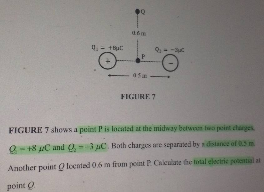 Q
0.6 m
Q_1=+8mu C Q_2=-3mu C
P 
+
0.5 m
FIGURE 7 
FIGURE 7 shows a point P is located at the midway between two point charges,
Q_1=+8mu C and Q_2=-3mu C. Both charges are separated by a distance of 0.5 m. 
Another point Q located 0.6 m from point P. Calculate the total electric potential at 
point Q.