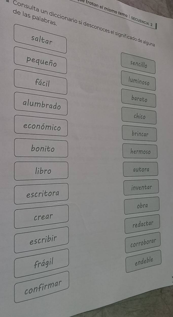 tratan el mismo tema ǀ sECUENCIA ？
de las palabras.
Consulta un diccionario si desconoces el significado de algun
saltar
pequeño
sencillo
fácil
luminoso
barato
alumbrado
chico
económico brincar
bonito hermoso
libro autora
escritora inventar
obra
crear
escribir redactar
frágil corroborar
endeble
confirmar