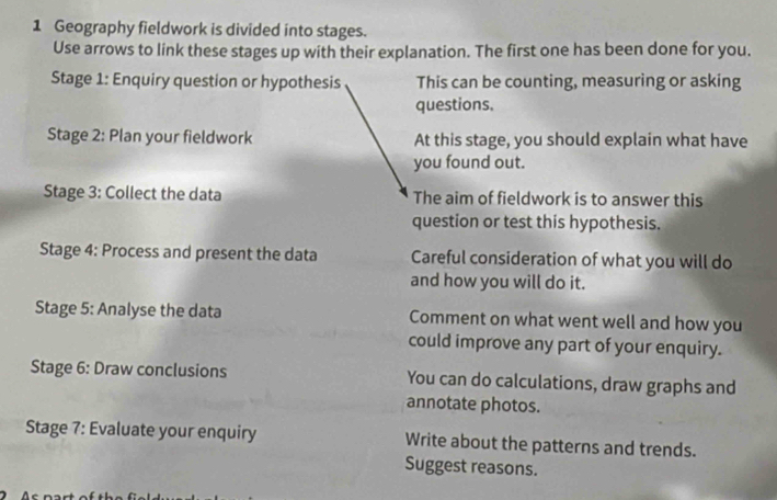 Geography fieldwork is divided into stages. 
Use arrows to link these stages up with their explanation. The first one has been done for you. 
Stage 1: Enquiry question or hypothesis This can be counting, measuring or asking 
questions. 
Stage 2: Plan your fieldwork At this stage, you should explain what have 
you found out. 
Stage 3: Collect the data The aim of fieldwork is to answer this 
question or test this hypothesis. 
Stage 4: Process and present the data Careful consideration of what you will do 
and how you will do it. 
Stage 5: Analyse the data Comment on what went well and how you 
could improve any part of your enquiry. 
Stage 6: Draw conclusions You can do calculations, draw graphs and 
annotate photos. 
Stage 7: Evaluate your enquiry Write about the patterns and trends. 
Suggest reasons.