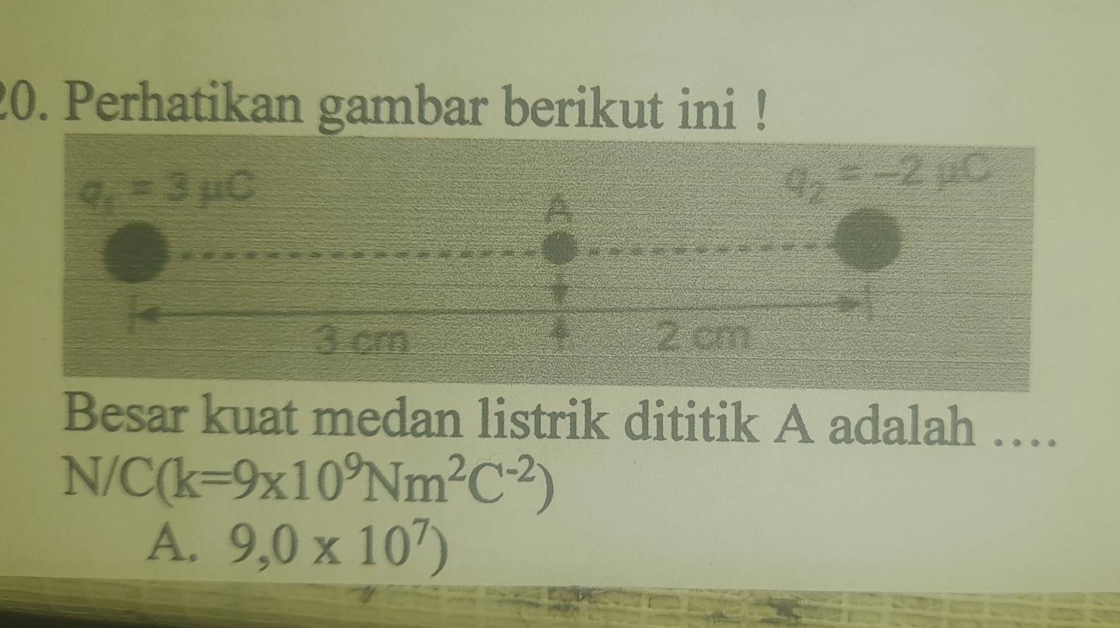 Perhatikan gambar berikut ini !
Besar kuat medan listrik dititik A adalah …
N/C(k=9* 10^9Nm^2C^(-2))
A. 9,0* 10^7)