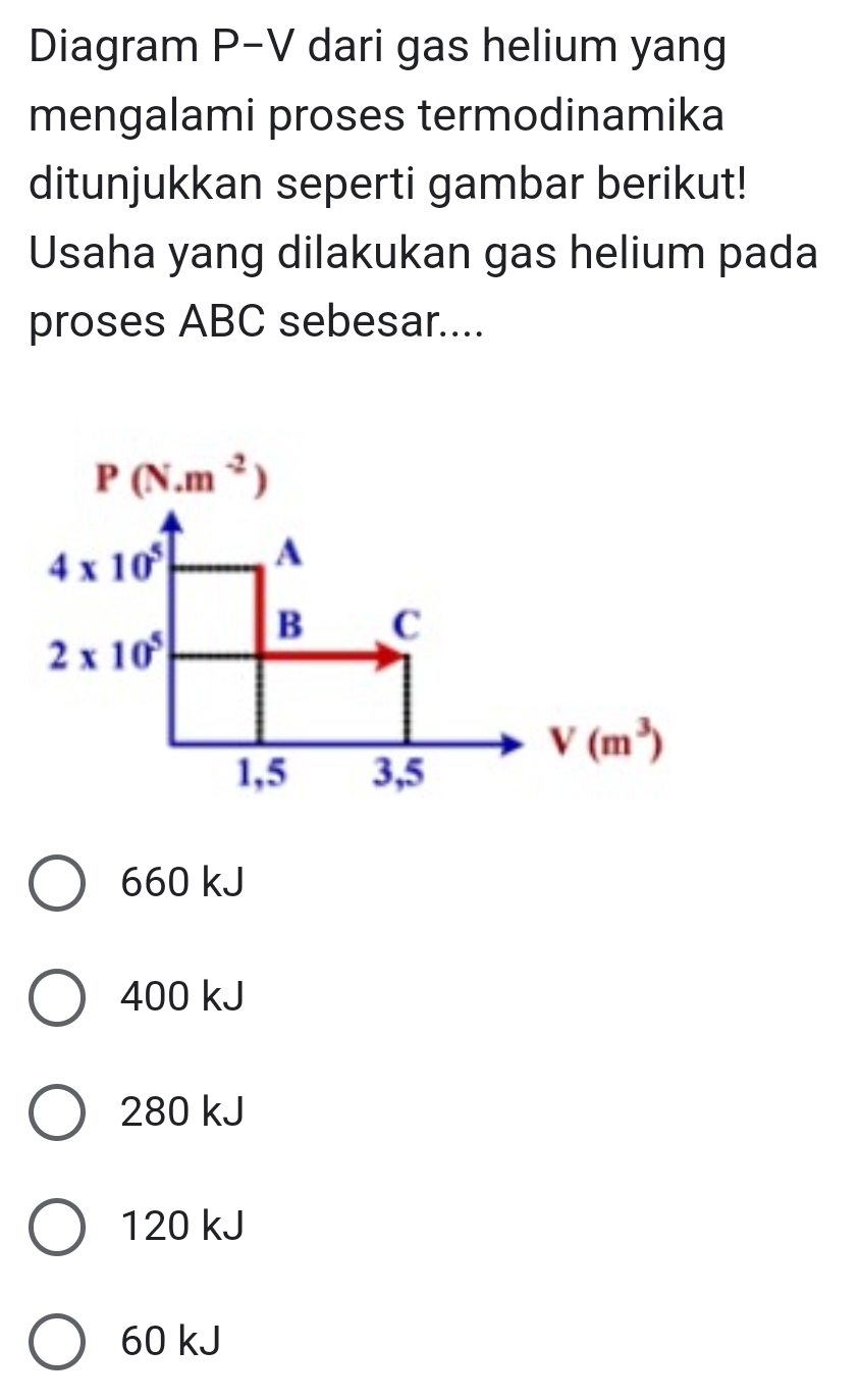 Diagram P- V dari gas helium yang
mengalami proses termodinamika
ditunjukkan seperti gambar berikut!
Usaha yang dilakukan gas helium pada
proses ABC sebesar....
P(N.m^(-2))
4* 10^5 A
B C
2* 10^5
V(m^3)
1,5 3,5
660 kJ
400 kJ
280 kJ
120 kJ
60 kJ