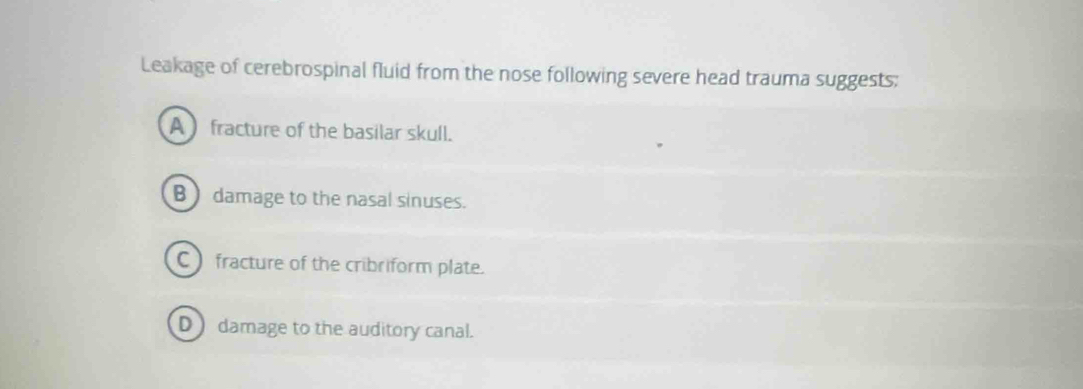 Leakage of cerebrospinal fluid from the nose following severe head trauma suggests:
A fracture of the basilar skull.
B damage to the nasal sinuses.
C )fracture of the cribriform plate.
Ddamage to the auditory canal.