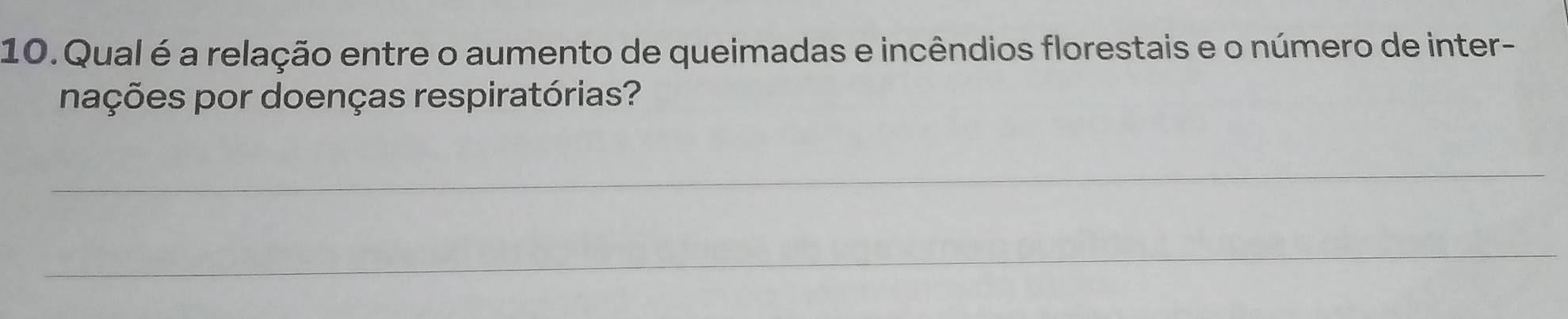 Qual é a relação entre o aumento de queimadas e incêndios florestais e o número de inter- 
nações por doenças respiratórias? 
_ 
_