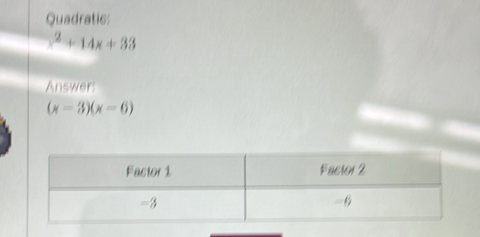 Quadratic:
x^2+14x+33
Answers
(x-3)(x-6)