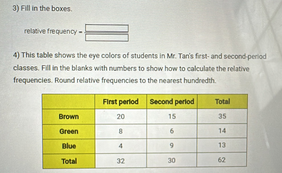 Fill in the boxes. 
relative frequency = □ /□  
4) This table shows the eye colors of students in Mr. Tan's first- and second-period 
classes. Fill in the blanks with numbers to show how to calculate the relative 
frequencies. Round relative frequencies to the nearest hundredth.