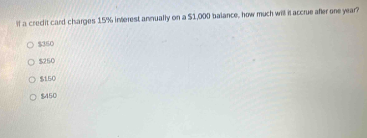 If a credit card charges 15% interest annually on a $1,000 balance, how much will it accrue after one year?
$350
$250
$150
$450