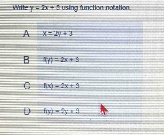 Write y=2x+3 using function notation.