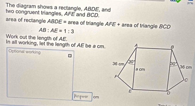 Solved: 37% The diagram shows a rectangle, ABDE, and two congruent ...