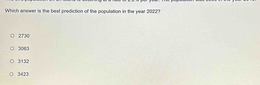 Which answer is the best prediction of the population in the year 2022?
2730
3063
3132
3423