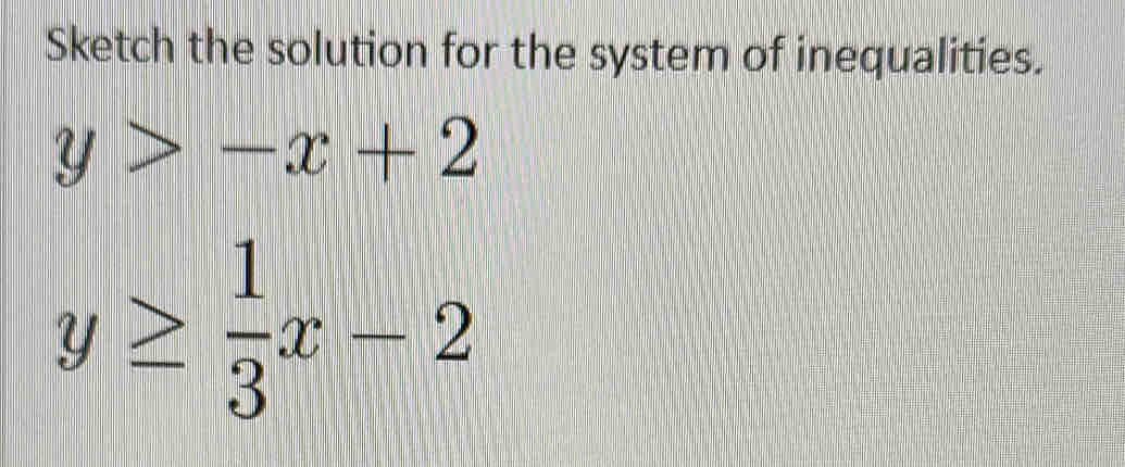 Sketch the solution for the system of inequalities.
y>-x+2
y≥  1/3 x-2