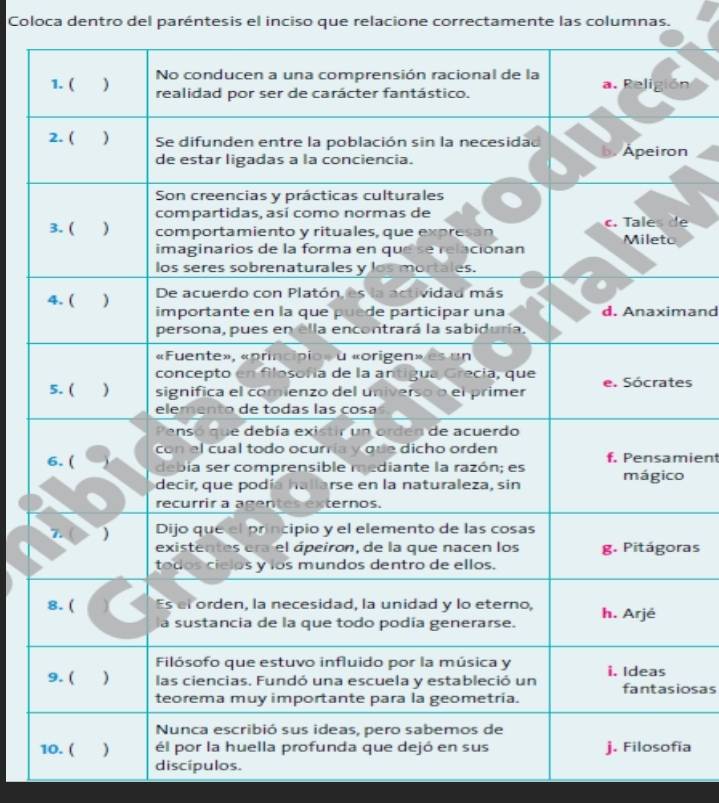 Coloca dentro del paréntesis el inciso que relacione correctamente las columnas. 
n 
n 
e 
mand 
es 
mien 
o 
ras 
iosas 
ia 
discípulos.