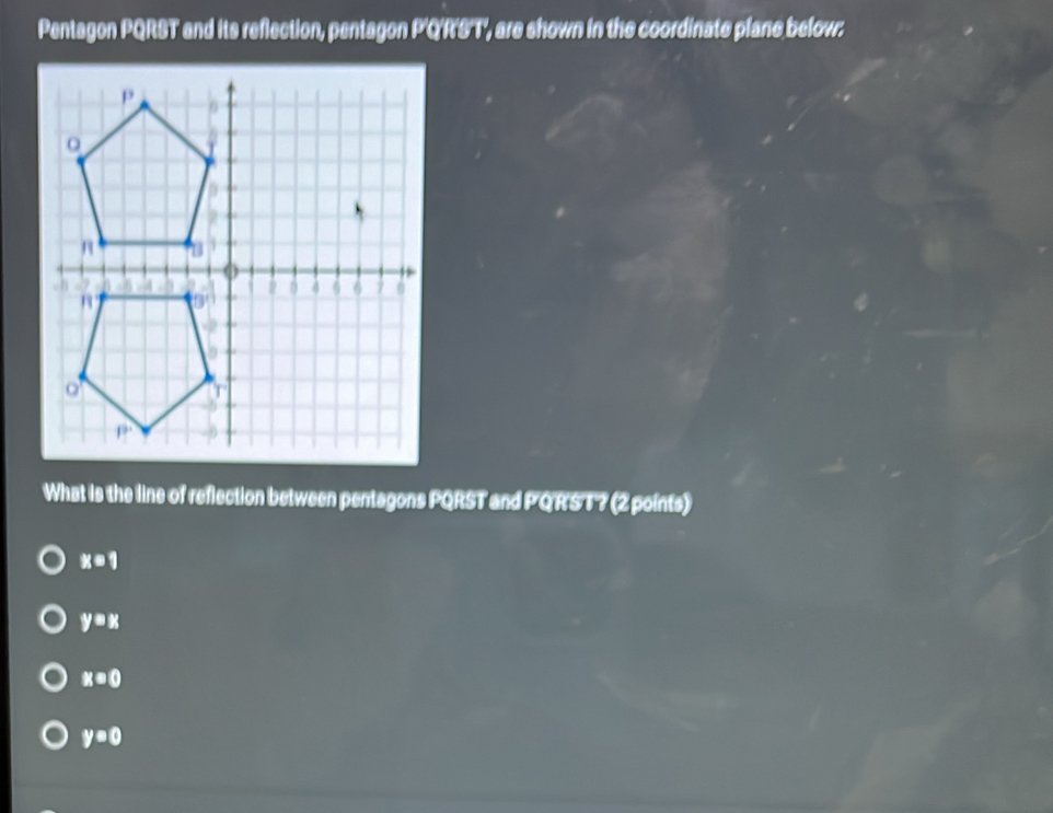 Pentagon PQRST and its reflection, pentagon P'Q'R'S'T', are shown in the coordinate plane below.
What is the line of reflection between pentagons PQRST and PQRST? (2 points)
x=1
y=x
x=0
y=0