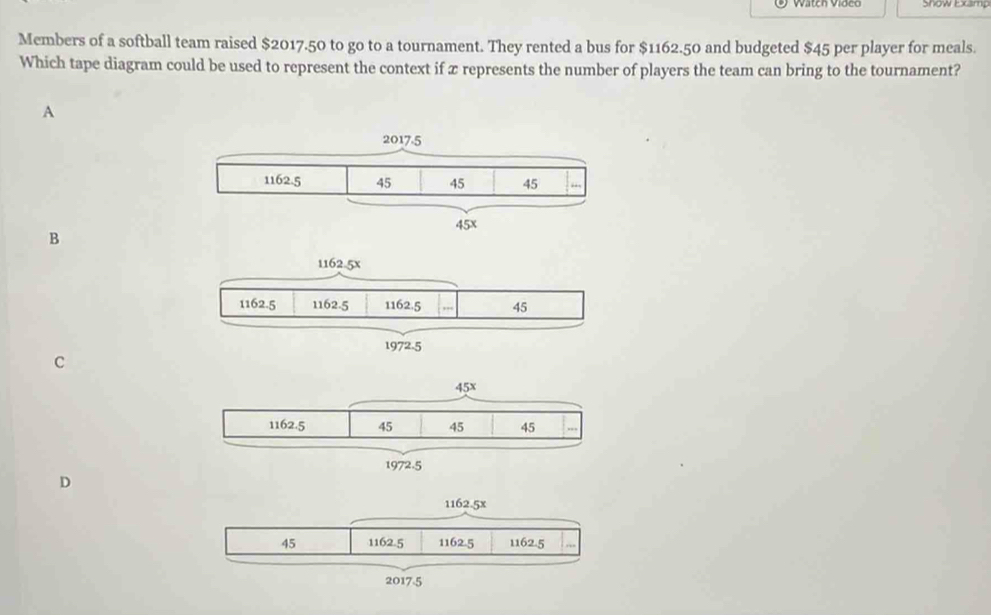 Show Examp
Members of a softball team raised $2017.50 to go to a tournament. They rented a bus for $1162.50 and budgeted $45 per player for meals.
Which tape diagram could be used to represent the context if x represents the number of players the team can bring to the tournament?
A
B
C
D