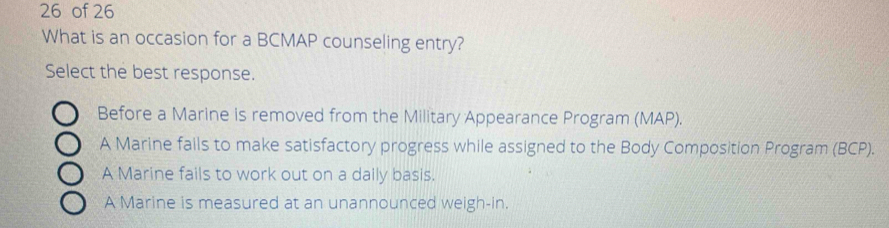 Solved: of 26 What is an occasion for a BCMAP counseling entry? Select ...